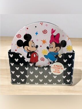 2/$30 NEW Disney Mickey & Minnie Mouse 6 Piece Tin Coaster Set With Holder